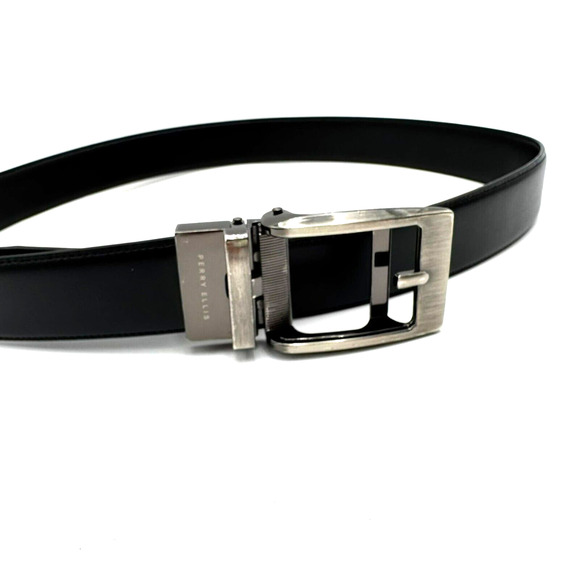 PERRY ELLIS Small Black Leather Ratchet Adjustable Custom Fit Track‎ Lock Belt - Picture 1 of 6